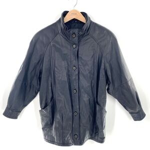 VTG Jacqueline Ferrar Womens Black Leather Jacket Button Up Collared Coat Medium